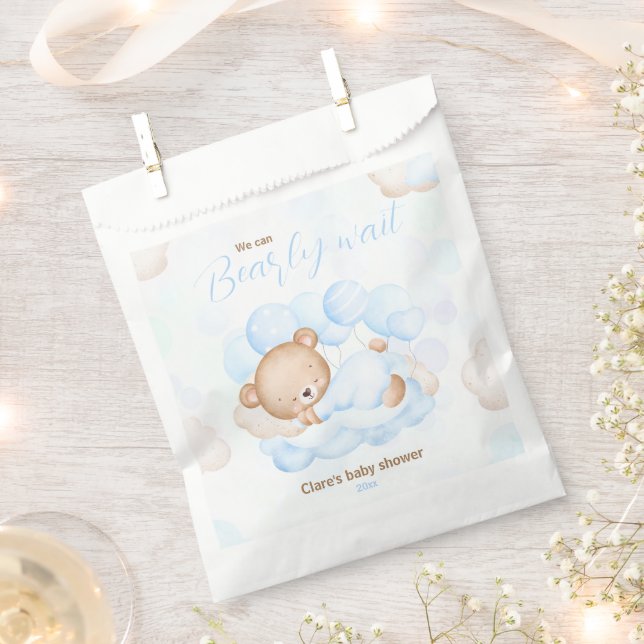 Blue We Can Bearly Wait Bear Baby Shower Favor Bag (Clipped)