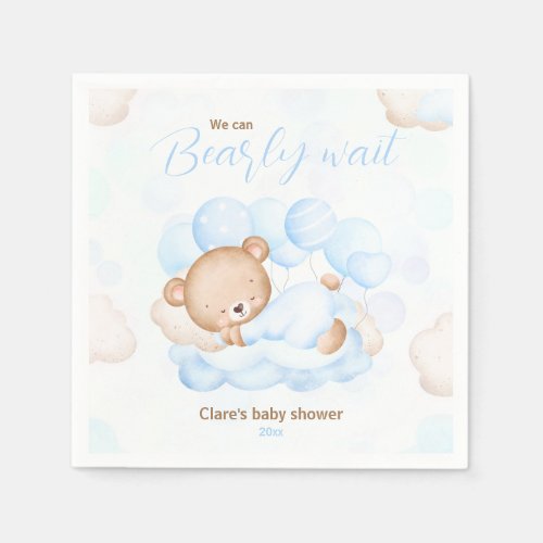 Blue We Can Bearly Wait Bear Baby Shower Napkins 