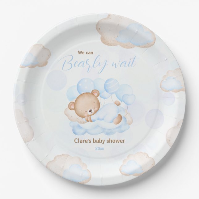 Blue We Can Bearly Wait Bear Baby Shower Paper Plates (Front)