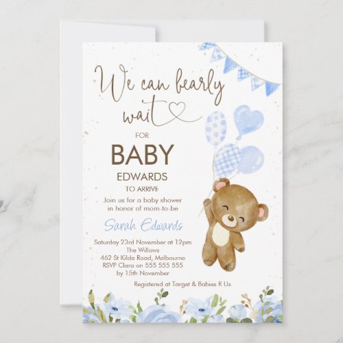 Blue We Can Bearly Wait Bear Balloons Baby Shower Invitation