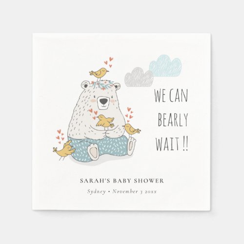 Blue We Can Bearly Wait Bear Birds Baby Shower Napkins