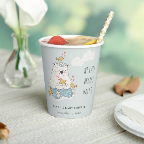 Blue We Can Bearly Wait Bear Birds Baby Shower Paper Cups