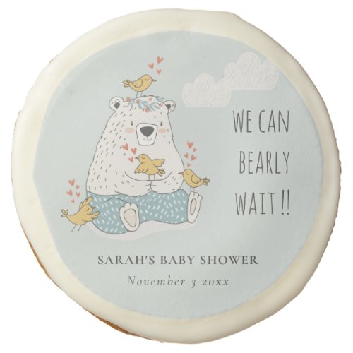 Blue We Can Bearly Wait Bear Birds Baby Shower Sugar Cookie