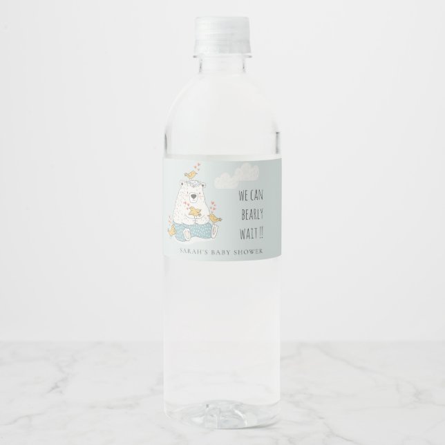 Blue We Can Bearly Wait Bear Birds Baby Shower Water Bottle Label (Front)