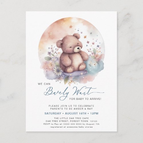 Blue We Can Bearly Wait Bear Boy Baby Shower Invitation Postcard