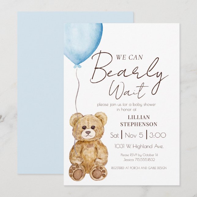Blue We Can Bearly Wait Boy Baby Shower Invitation (Front/Back)