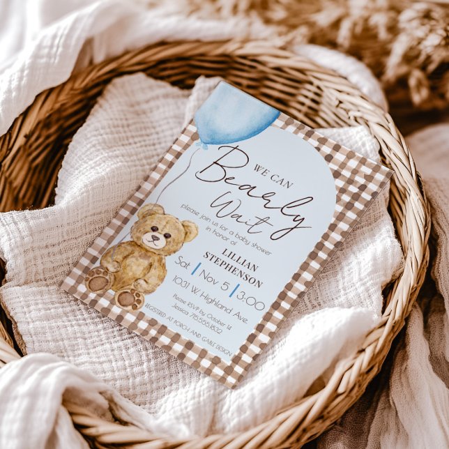 Blue We Can Bearly Wait Boy Baby Shower Invitation (Creator Uploaded)