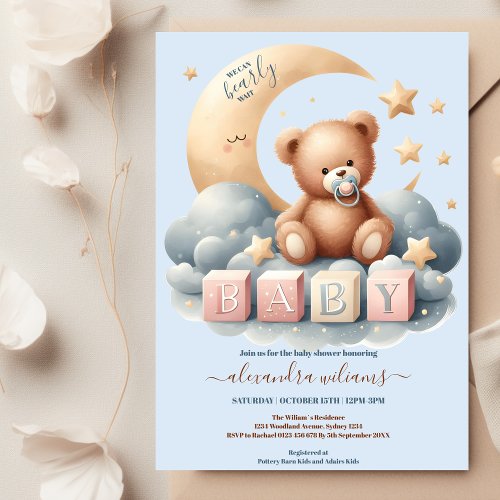 Blue We Can Bearly Wait Boy Baby Shower Invitation