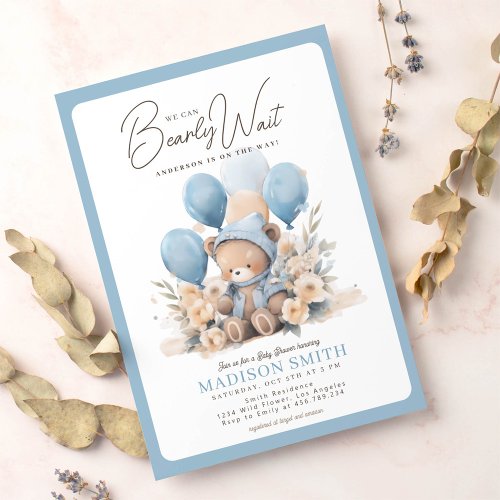 Blue We Can Bearly Wait Boy Baby Shower Invitation