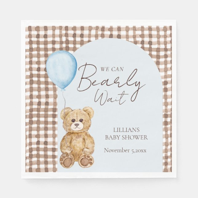 Blue We Can Bearly Wait Boy Baby Shower  Napkins (Front)