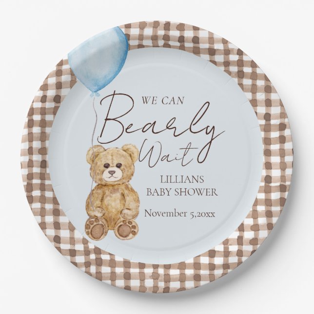 Blue We Can Bearly Wait Boy Baby Shower Paper Plates (Front)
