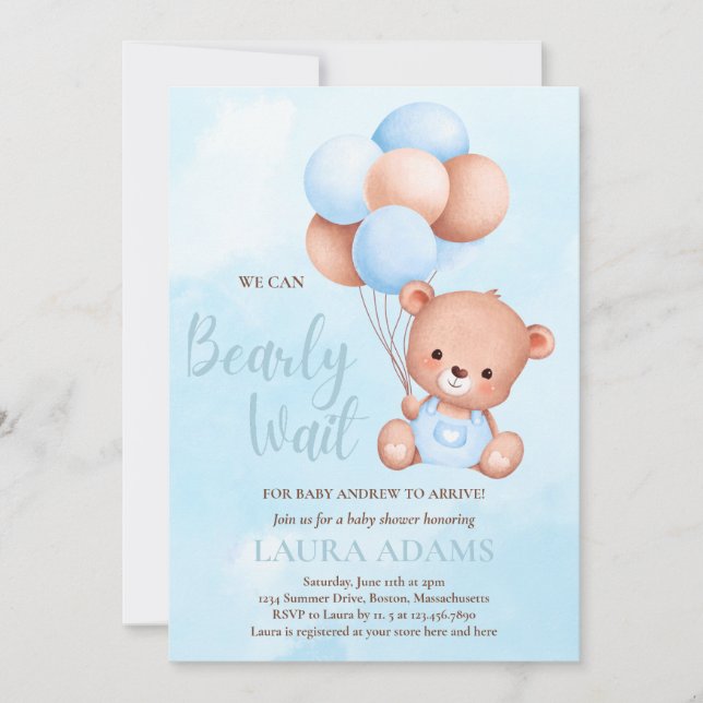 Blue We Can Bearly Wait Boy Bear Baby Shower  Invitation (Front)