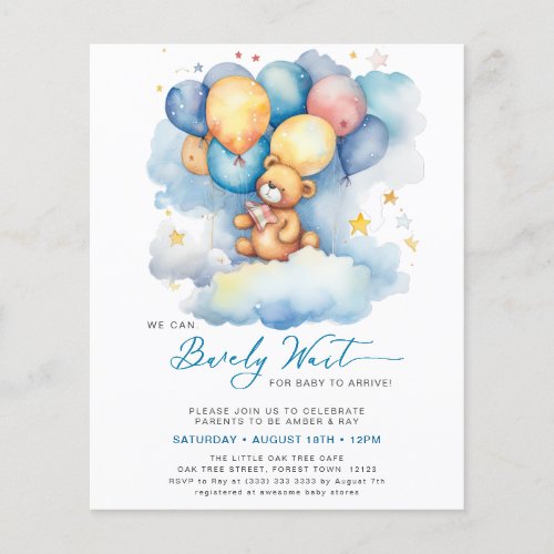Blue We Can Bearly Wait Cute Boy Baby Shower Flyer