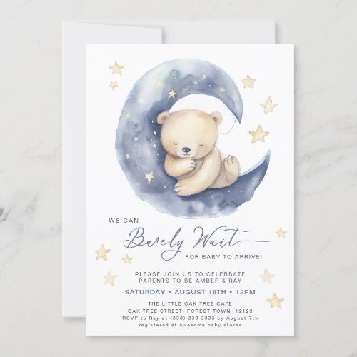 Blue We Can Bearly Wait Cute Boy Baby Shower Invitation