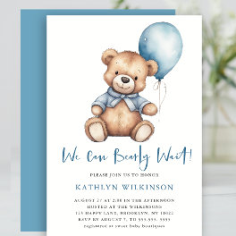 Blue We Can Bearly Wait Cute Boy Baby Shower Invitation