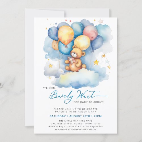 Blue We Can Bearly Wait Cute Boy Baby Shower Invitation
