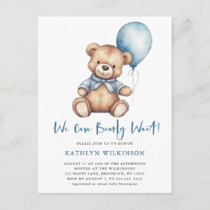Blue We Can Bearly Wait Cute Boy Baby Shower Invitation Postcard