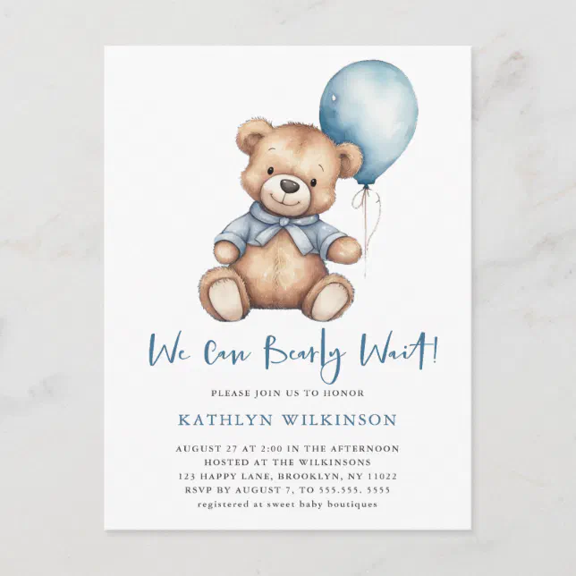 Blue We Can Bearly Wait Cute Boy Baby Shower Invitation Postcard | Zazzle