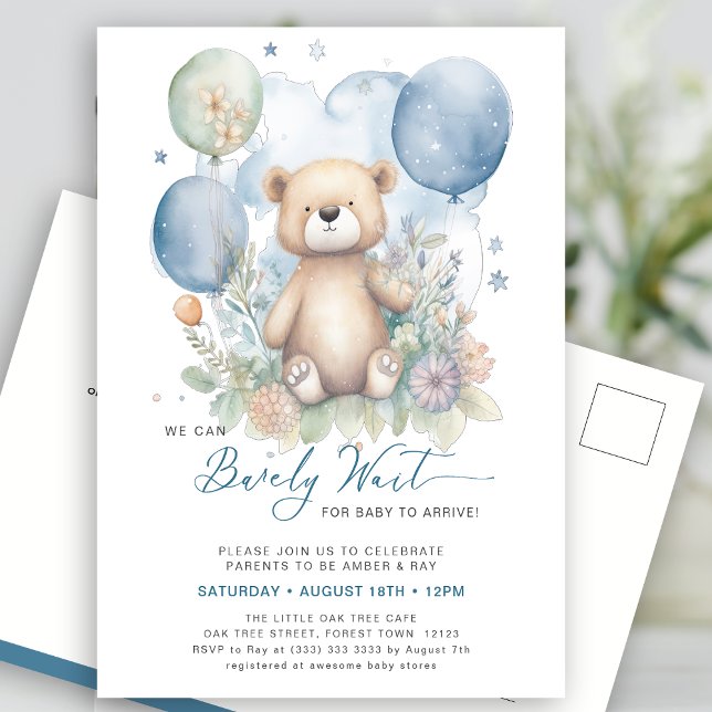 Blue We Can Bearly Wait Cute Boy Baby Shower Invitation Postcard (Creator Uploaded)