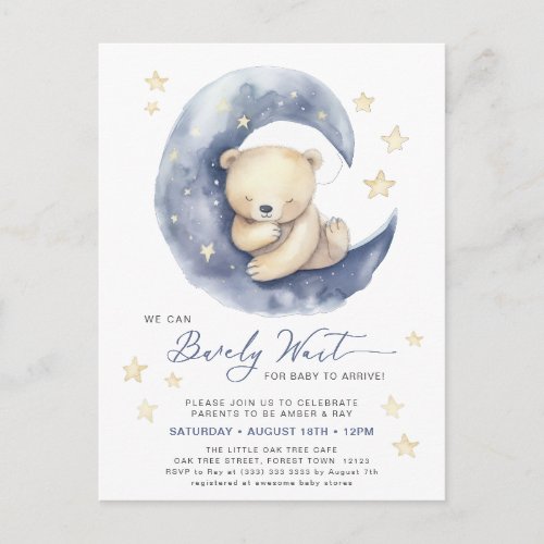 Blue We Can Bearly Wait Cute Boy Baby Shower Invitation Postcard