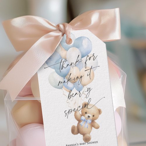 Blue We Can Bearly Wait Modern Baby Boy Shower Gift Tags