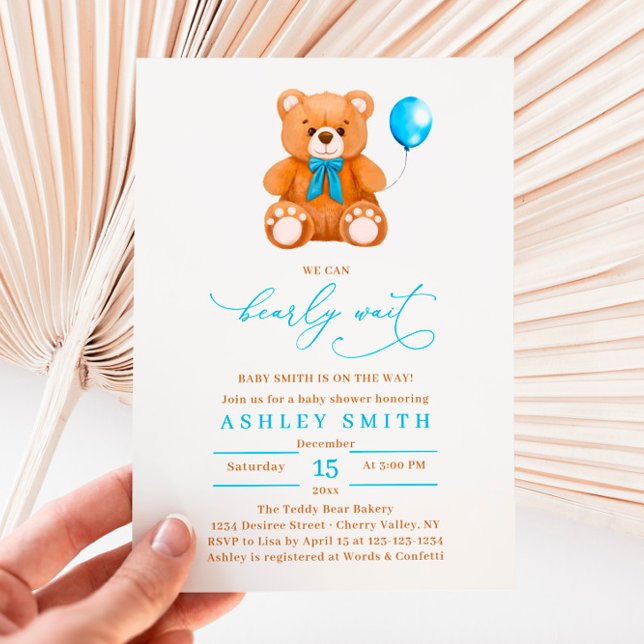 Blue We Can Bearly Wait Script Boy Baby Shower Invitation (Creator Uploaded)