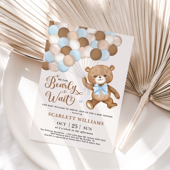 Blue We Can Bearly Wait Teddy Bear Baby Shower Invitation (Creator Uploaded)