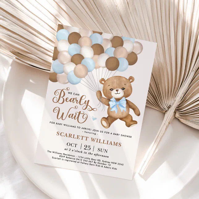 Blue We Can Bearly Wait Teddy Bear Baby Shower Invitation | Zazzle