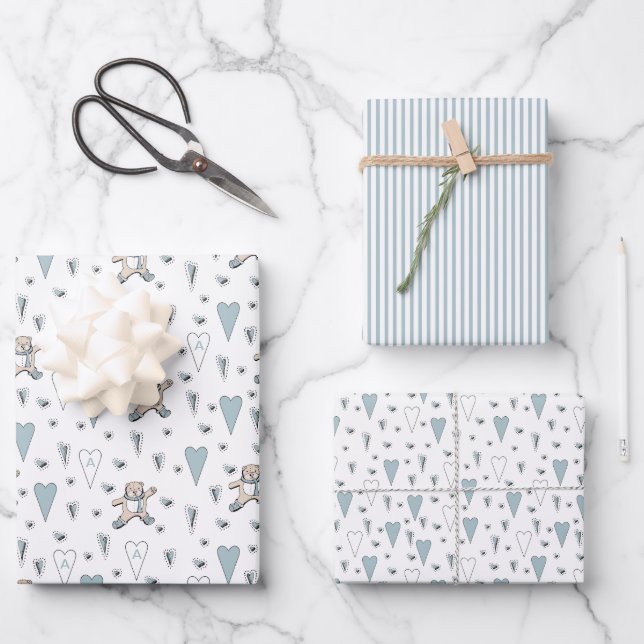 Blue We Can Bearly Wait Teddy Bear Baby Shower Wrapping Paper Sheets (Front)