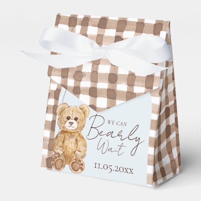 Blue We Can Bearly Wait Teddy Bear Boy Baby Shower Favor Boxes (Front Side)