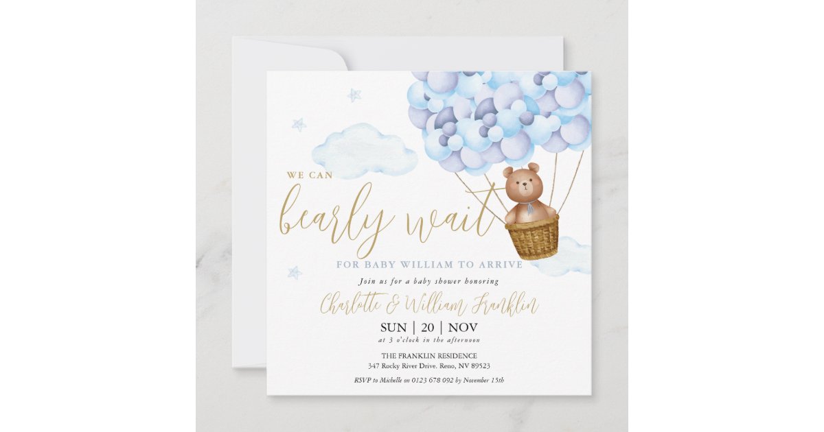 Blue We Can Bearly Wait Teddy Bear Boy Baby Shower Invitation | Zazzle