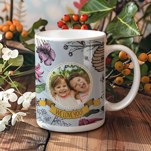 Blue We Love You Kids Photo & Name Royal Queen Bee Coffee Mug (Create Your Own Mother's Day Keepsake Mug by Uploading a Photo & with Mom's Name & Custom Message)
