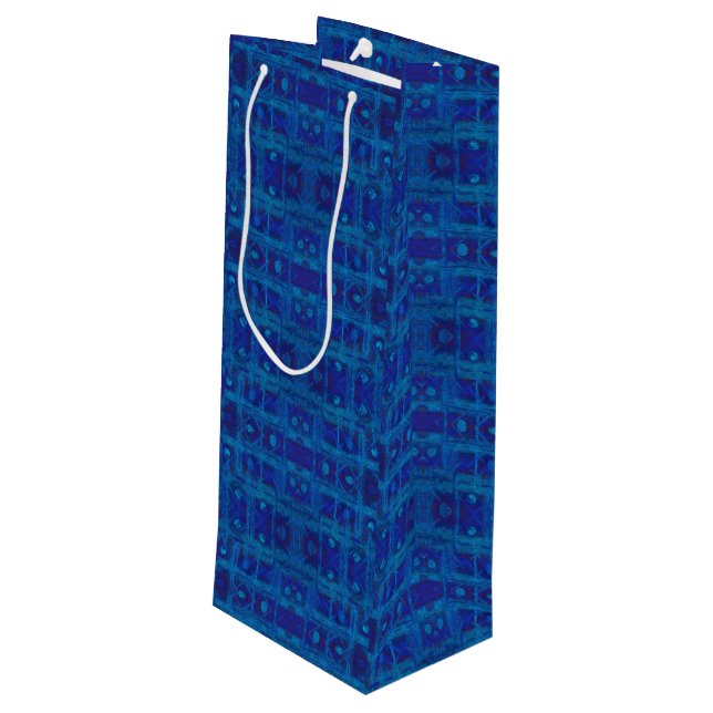 Blue weave, abstract geometric pattern, hand drawn wine gift bag (Back Angled)