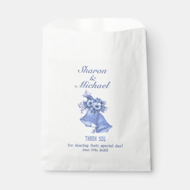 Blue Wedding Bells Favor Bag Names and Date (Front)