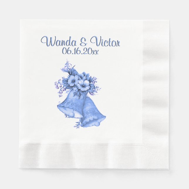 Blue Wedding Bells Personalized Paper Napkins (Front)