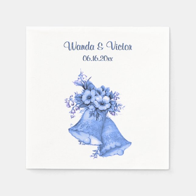 Blue Wedding Bells Personalized Paper Napkins (Front)