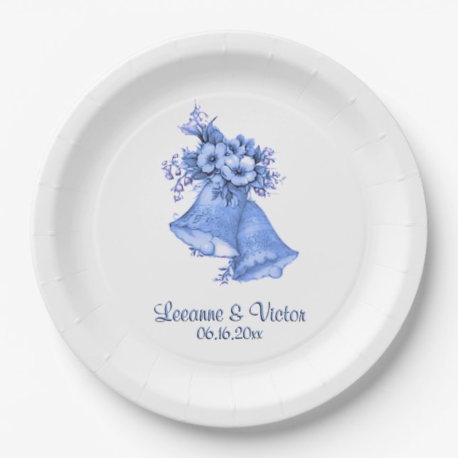 Blue Wedding Bells Personalized Paper Plates (Front)