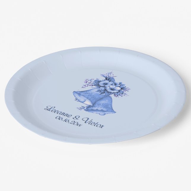 Blue Wedding Bells Personalized Paper Plates (Angled)