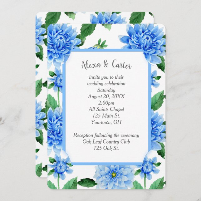 Blue Wedding Dahlia Watercolor Invitation (Front/Back)