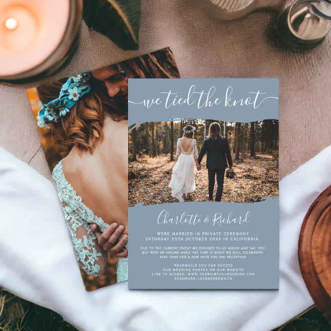 Blue wedding elopement tied the knot photo announcement
