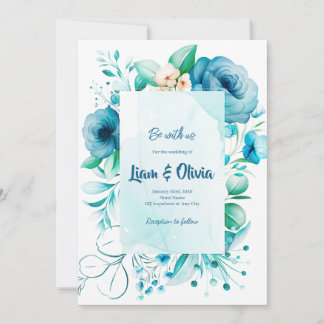 Blue Wedding Invitation Card of Watercolor Floral