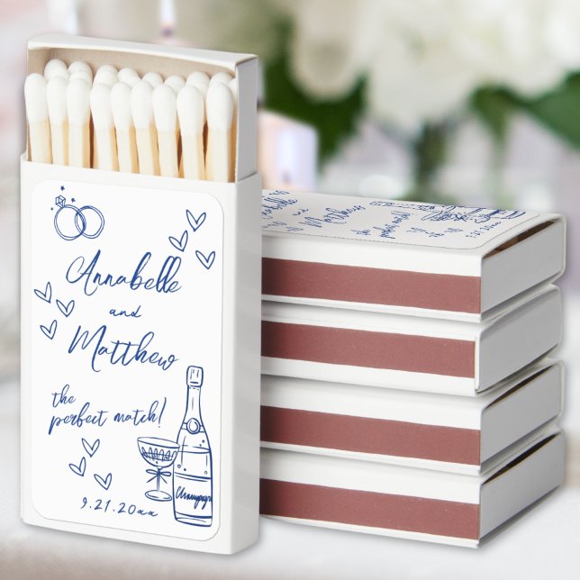 Blue Wedding Matchbook Favors Matchboxes (Hand Drawn Blue Wedding Matchbook Favors Matchboxes)