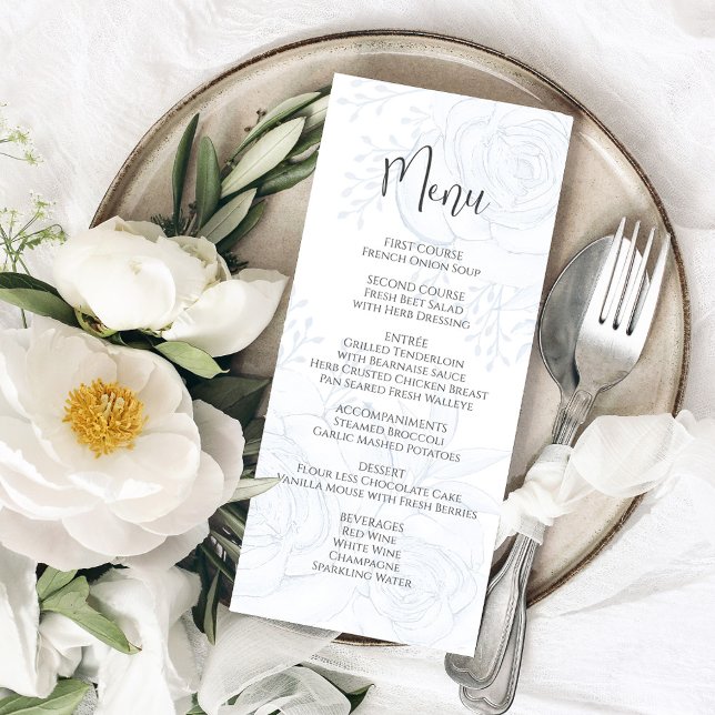 Blue Wedding Menu Watercolor Floral (Elegant blue floral menu card with calligraphy and simple block-style lettering. )