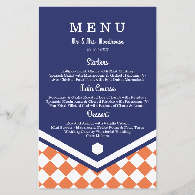 Blue Wedding Menu with Orange Checkered Pattern (Front)
