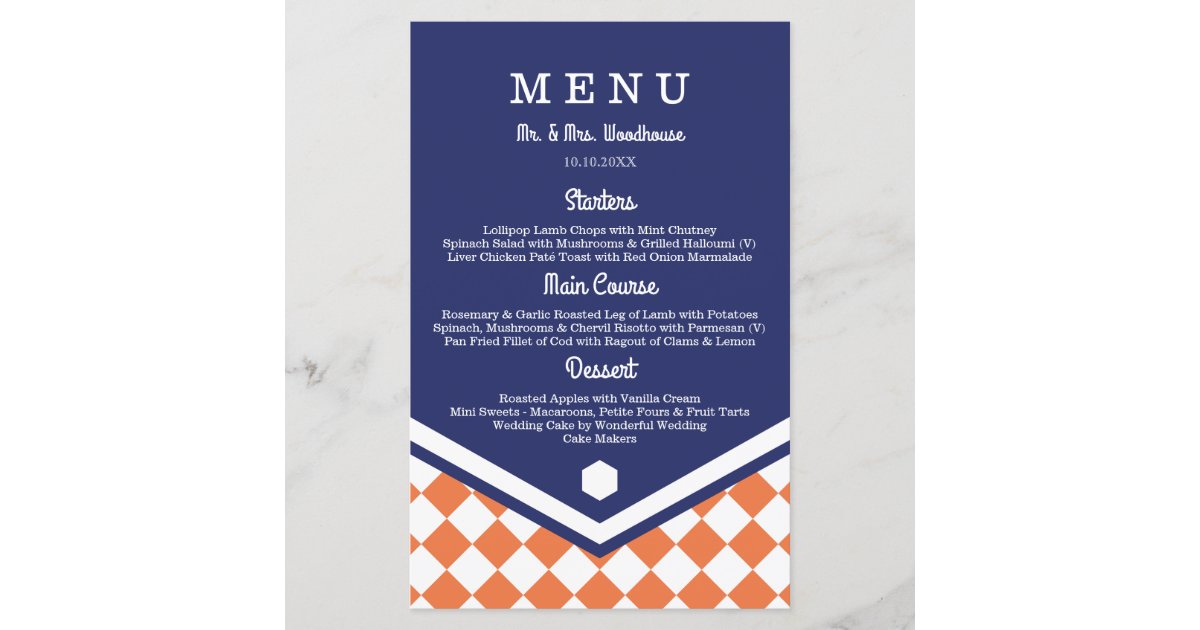 Blue Wedding Menu With Orange Checkered Pattern Zazzle Com