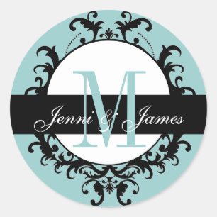 Blue Wedding Monogram Names Ornate Label