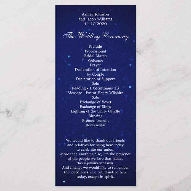 Blue wedding program. Navy night winter ceremony Program (Front)