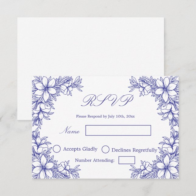 Blue Wedding RSVP with Ornate Floral graphics Card (Front/Back)