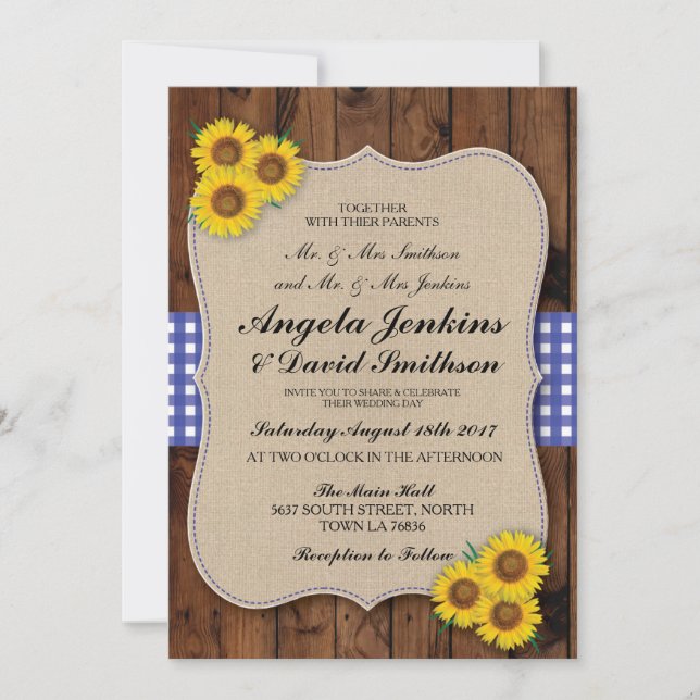Blue Wedding Rustic Burlap Wood Flower Barn Invite (Front)