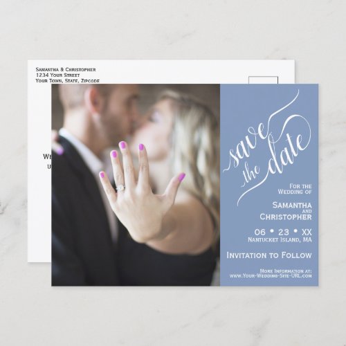 Blue Wedding Save the Date Photo  Calligraphy Announcement Postcard